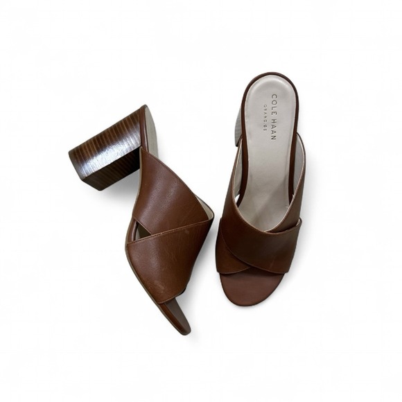 Cole Haan Dakota Criss Cross Mule Brown Leather Sandals Block Heel‎ Women's 8.5B - Picture 1 of 5
